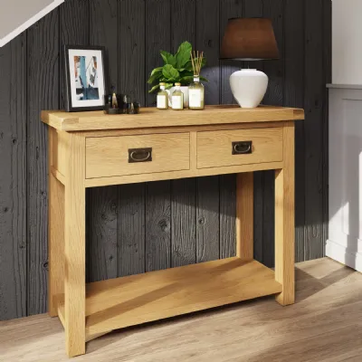 Modern Oak Wood 2 Drawer Console Table with Lower Shelf