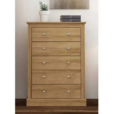 Oak Finish Wooden Bedroom Chest of 5 Drawers Traditional Designed
