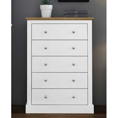 White Painted Bedroom Chest of 5 Drawers Oak Effect Top Traditional Design