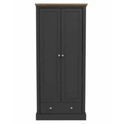 Charcoal Wood 2 Door 1 Drawer Double Narrow Wardrobe with Oak Top 181cm Tall x 80cm Wide