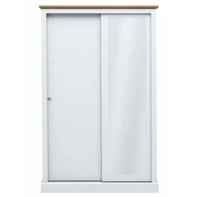 White Painted 2 Door Sliding Mirrored Tall Wide Wardrobe with Oak Top Traditional Design