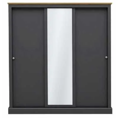Charcoal Painted 3 Door Sliding Wardrobe Oak Effect Top with Centre Mirror 182x176cm