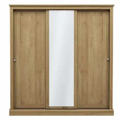 Traditional Oak Wooden Large 3 Door Triple Sliding Wardrobe with Centre Mirror