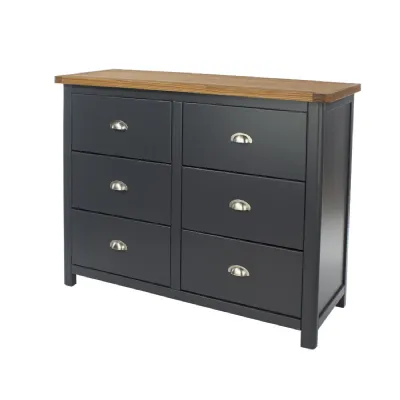 Blue Wide 3+3 Chest of Drawers Antique Oak Wax Top
