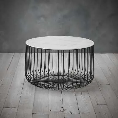 Large Round Cage Black Metal Framed Coffee Table with White Marble Top