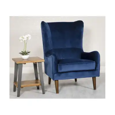 Winged Back Accent Armchair Blue Velvet Fabric