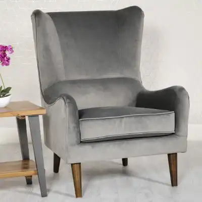 Grey Velvet Fabric Winged Back Accent Armchair