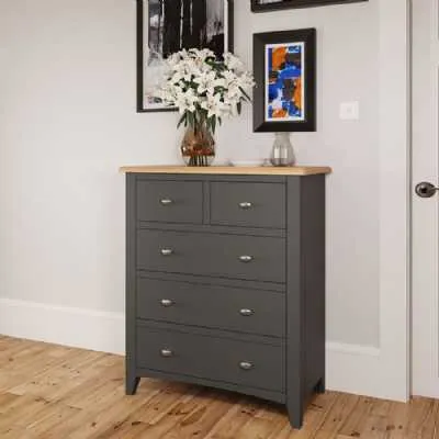 Modern Midnight Grey Painted Wooden 2 Over 3 Chest of Drawers Light Oak Top