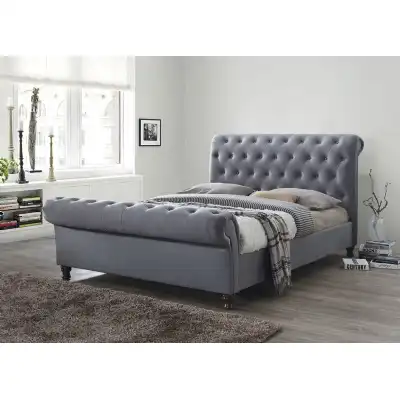 Grey Fabric King Size Scrolled Buttoned Bed