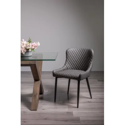 Grey Leather Diamond Stitched Dining Chair Black Legs
