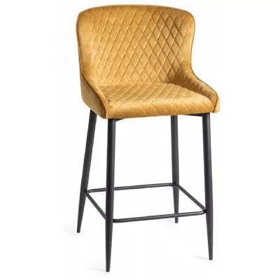 Yellow Velvet Fabric Bar Stool Diamond Quilted Stitched