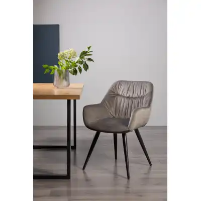 Grey Velvet Fabric Dining Arm Chair Pleated Back Pattern