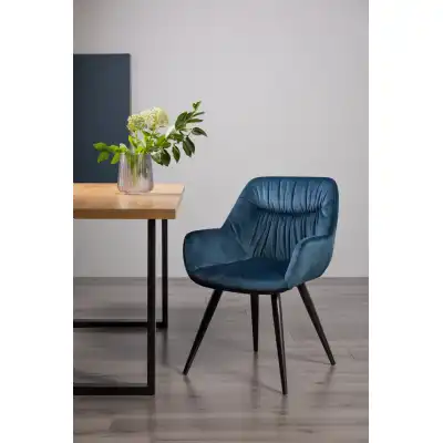 Pleated Back Blue Velvet Fabric Dining Chair Black Legs