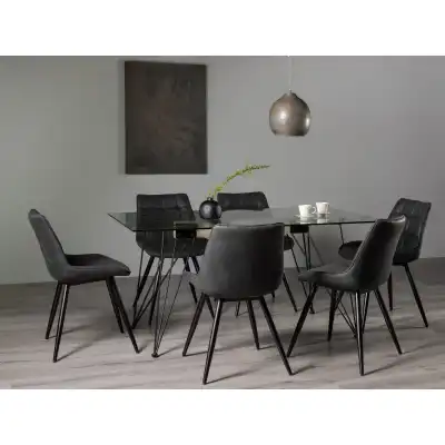 Glass Top Dining Table Set Hairpin Legs 6 Grey Suede Chairs