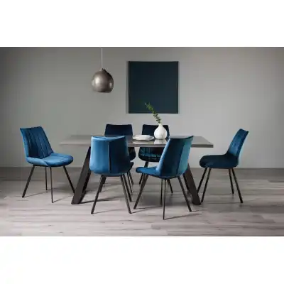 Grey Glass Rectangular Dining Set 6 Blue Velvet Chairs