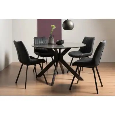 Grey Glass Round Dining Table Set 4 Grey Leather Chairs