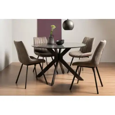 Grey Glass Round Dining Table Set 4 Tan Faux Suede Chairs