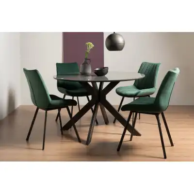 Grey Glass Round Dining Table Set 4 Green Velvet Chairs
