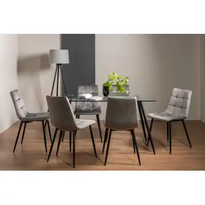 Clear Glass Large Dining Table Set 6 Grey Velvet Chairs