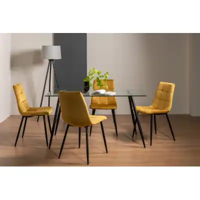 Clear Glass Dining Table Set 4 Yellow Velvet Fabric Chairs