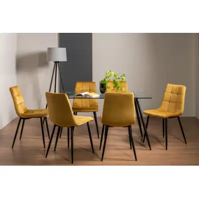 Rectangular Glass Dining Table Set 6 Yellow Velvet Chairs
