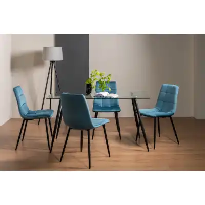 Clear Glass Dining Table Set 4 Blue Velvet Fabric Chairs