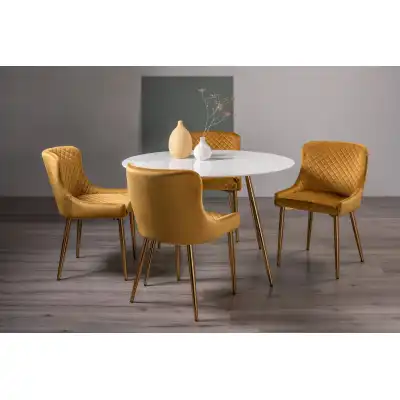White Marble Dining Table 4 Yellow Velvet Fabric Chairs Set