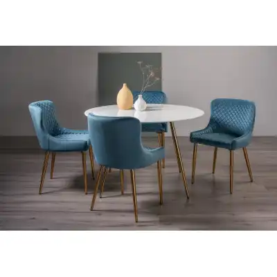 White Marble Dining Table with 4 Blue Velvet Chairs