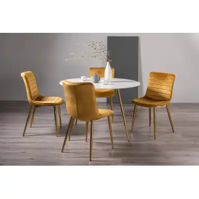 Round White Glass Dining Set with 4 Yellow Fabric Chairs