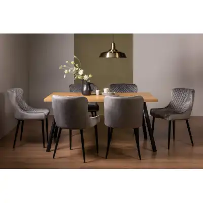 Rustic Oak Dining Set 6 Grey Velvet Fabric Chairs