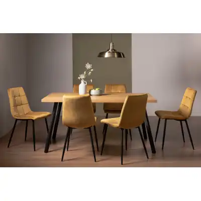 Oak Dining Table Set with 6 Yellow Velvet Dining Chairs