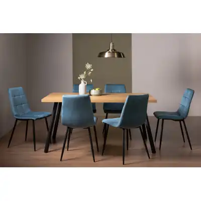 Rustic Oak Dining Table and 6 Blue Velvet Fabric Chairs