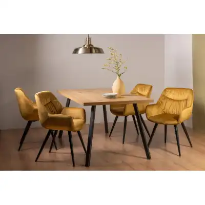 Rustic Oak Dining Table Set 4 Yellow Velvet Chairs
