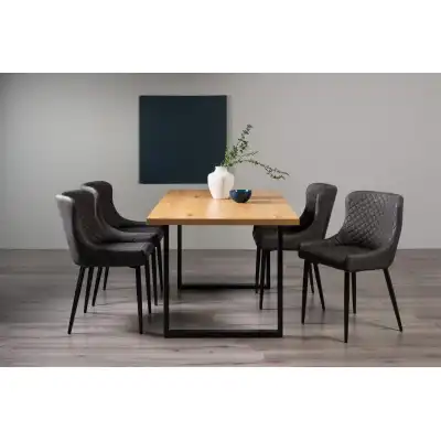 Oak Dining Table Set 4 Dark Grey Leather Chairs