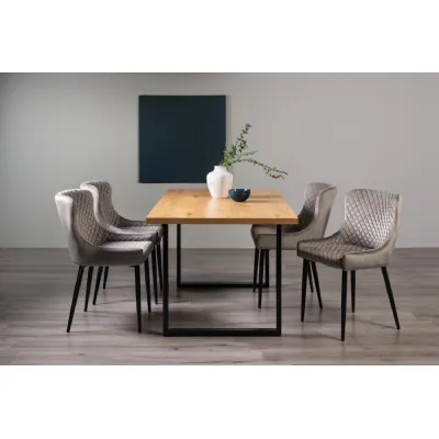 Rustic Oak Dining Table Set 4 Grey Velvet Chairs