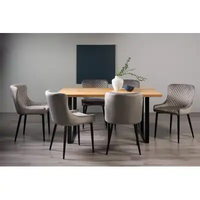 Oak Rectangular Dining Table U Legs 6 Grey Velvet Chairs Set