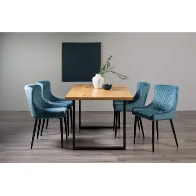 Rustic Oak 160cm Dining Set 4 Blue Velvet Chairs