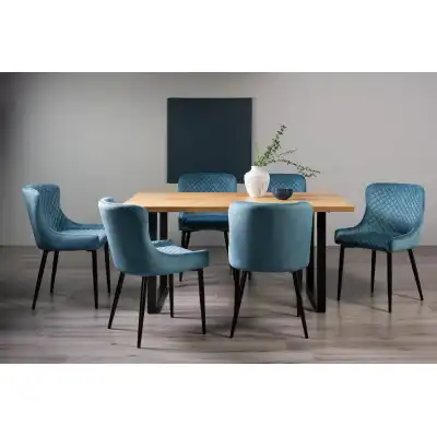 Rustic Oak Dining Set U Legs 6 Blue Velvet Fabric Chairs