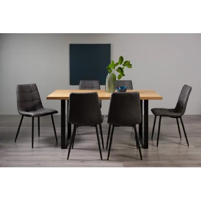 Rustic Oak Dining Table Set U Leg 6 Dark Grey Leather Chairs