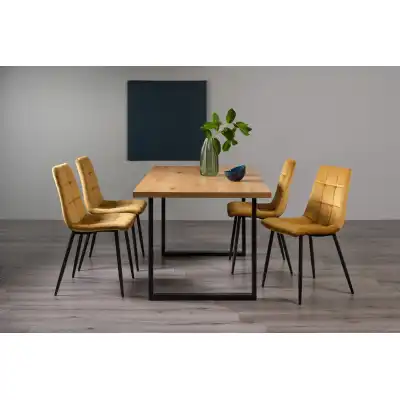 Rustic Oak Dining Table Set 4 Yellow Velvet Fabric Chairs