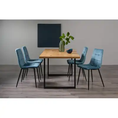 Rustic Oak Dining Table Set 4 Blue Velvet Fabric Chairs