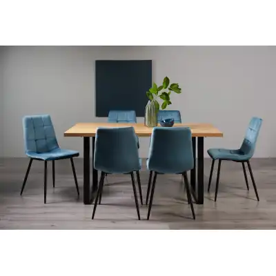 Rustic Oak Dining Table Set with 6 Blue Velvet Chairs