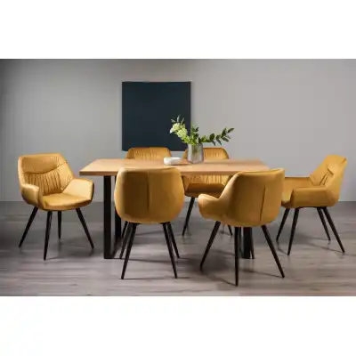 Oak Rectangular Dining Table Set 6 Yellow Velvet Chairs