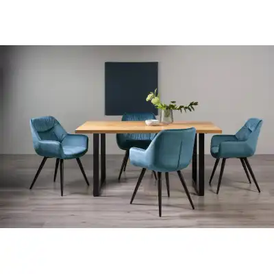 Rustic Oak Dining Table Set U Legs 4 Blue Velvet Chairs