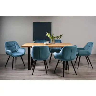 Rustic Oak Dining Table Set 6 Blue Velvet Fabric Chairs