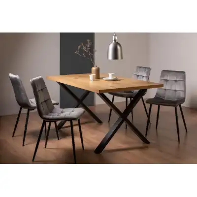 Rustic Oak Dining Table Set 4 Grey Velvet Fabric Chairs