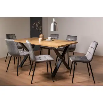 Rustic Oak Dining Table Set X Legs 6 Grey Velvet Chairs
