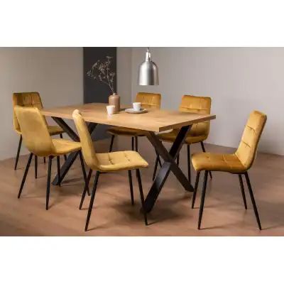 Rustic Oak Dining Table Set 6 Yellow Velvet Fabric Chairs