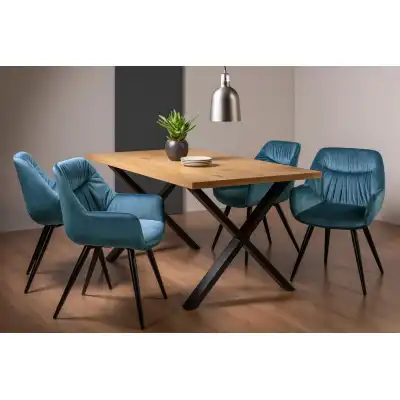 Rustic Oak Dining Table Set 4 Blue Velvet Chairs