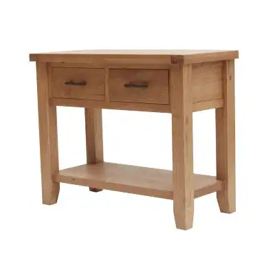 Solid Oak 2 Drawer Console Table Natural Finish with Shelf